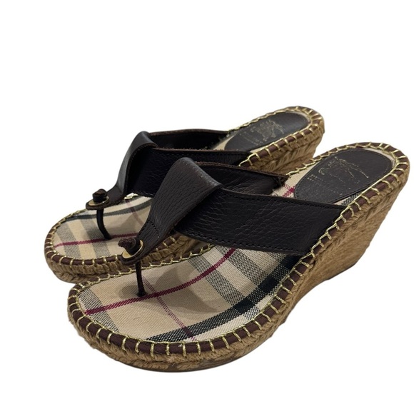 Burberry Nova Check Brown Leather Espadrille Wedge‎ Slides Sandals